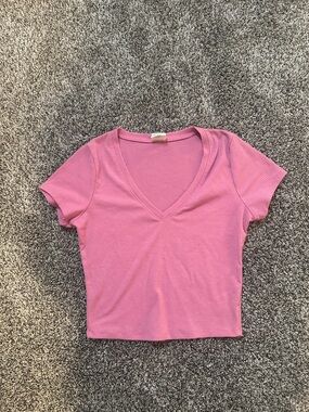 Women's Pink V-Neck Ribbed Tee